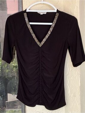PerSeption Concept Black V-Neck Short Sleeve Top with Rhinestone Trim
